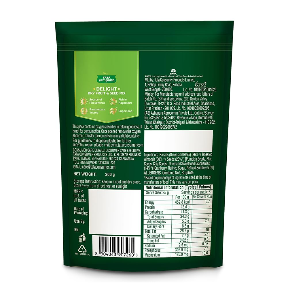 Tata Sampann Delight Dry Fruit & Seed Mix | Trail Mix | High in Protein & Dietary Fibre | Rich in Magnesium | Source of Phosphorus | 200g