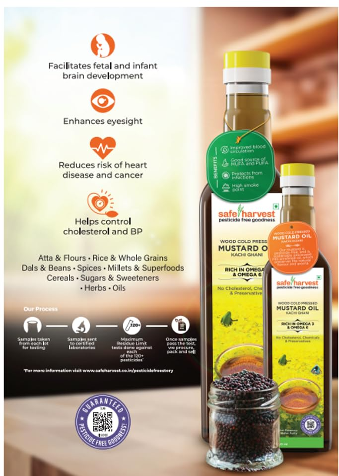 Safe Harvest Pesticide Free Wood Cold Pressed Mustard Oil/Kolhu, 1 Litre High Pungency, Rich in Omega 3 and 6