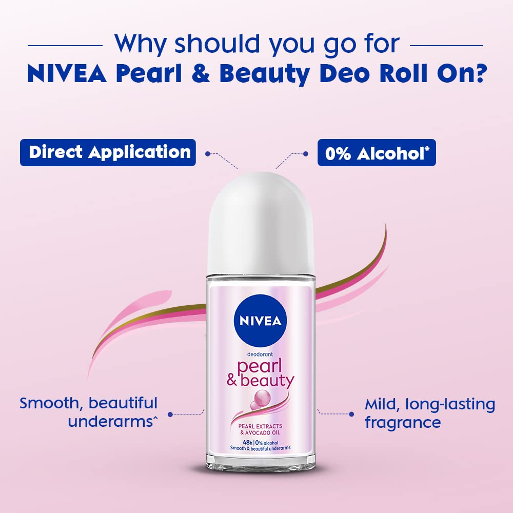 NIVEA Pearl and Beauty 50ml Deo Roll On | With Pearl Extracts & Avocado Oil| 48 H Smooth & Beautiful Underarms| 0% Alcohol | For Women