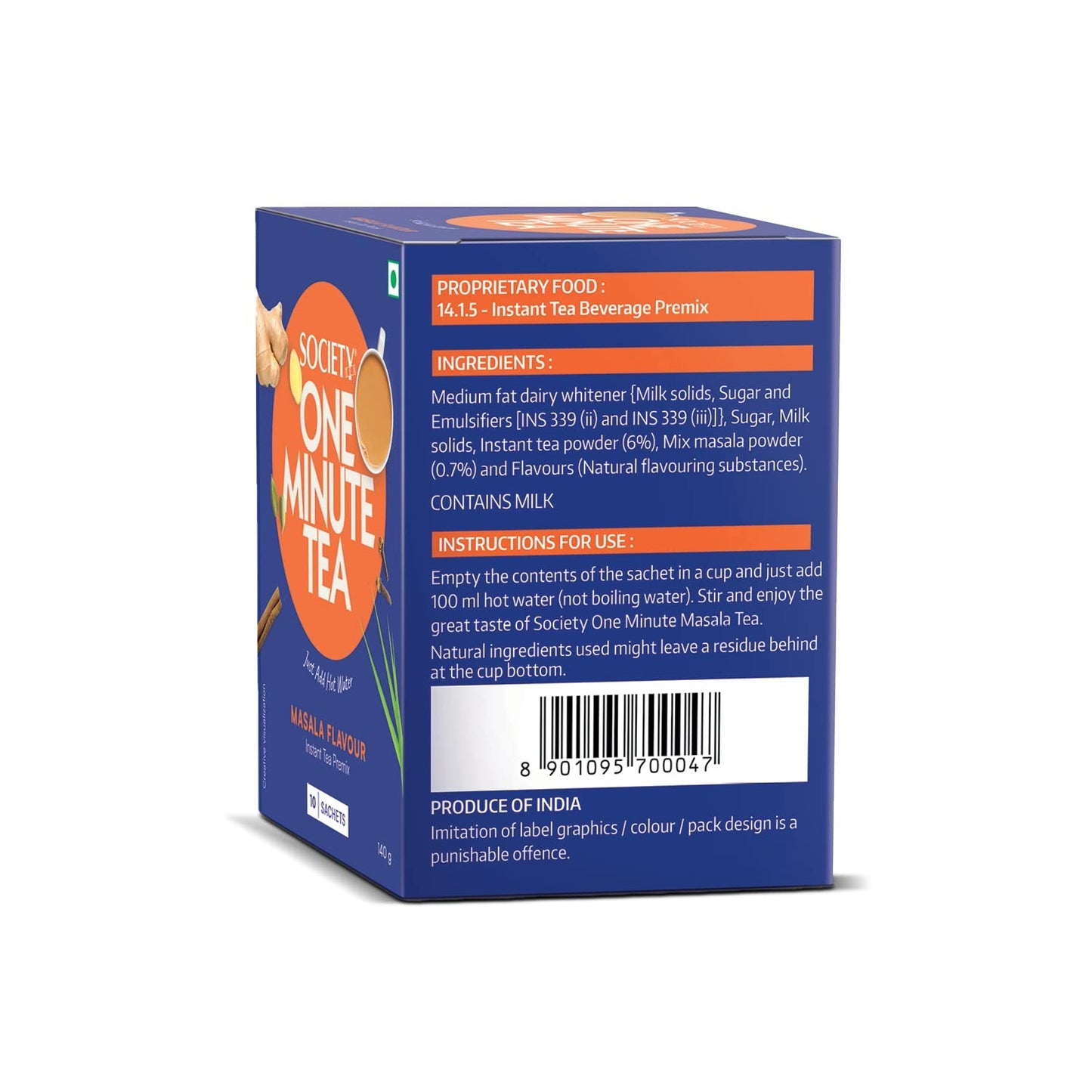 Society One Minute Tea | Masala Flavour | Clove, Black Pepper, Cinnamon | Masala Chai | Flavoured Instant Tea | 14g X 10 Sachets (140g