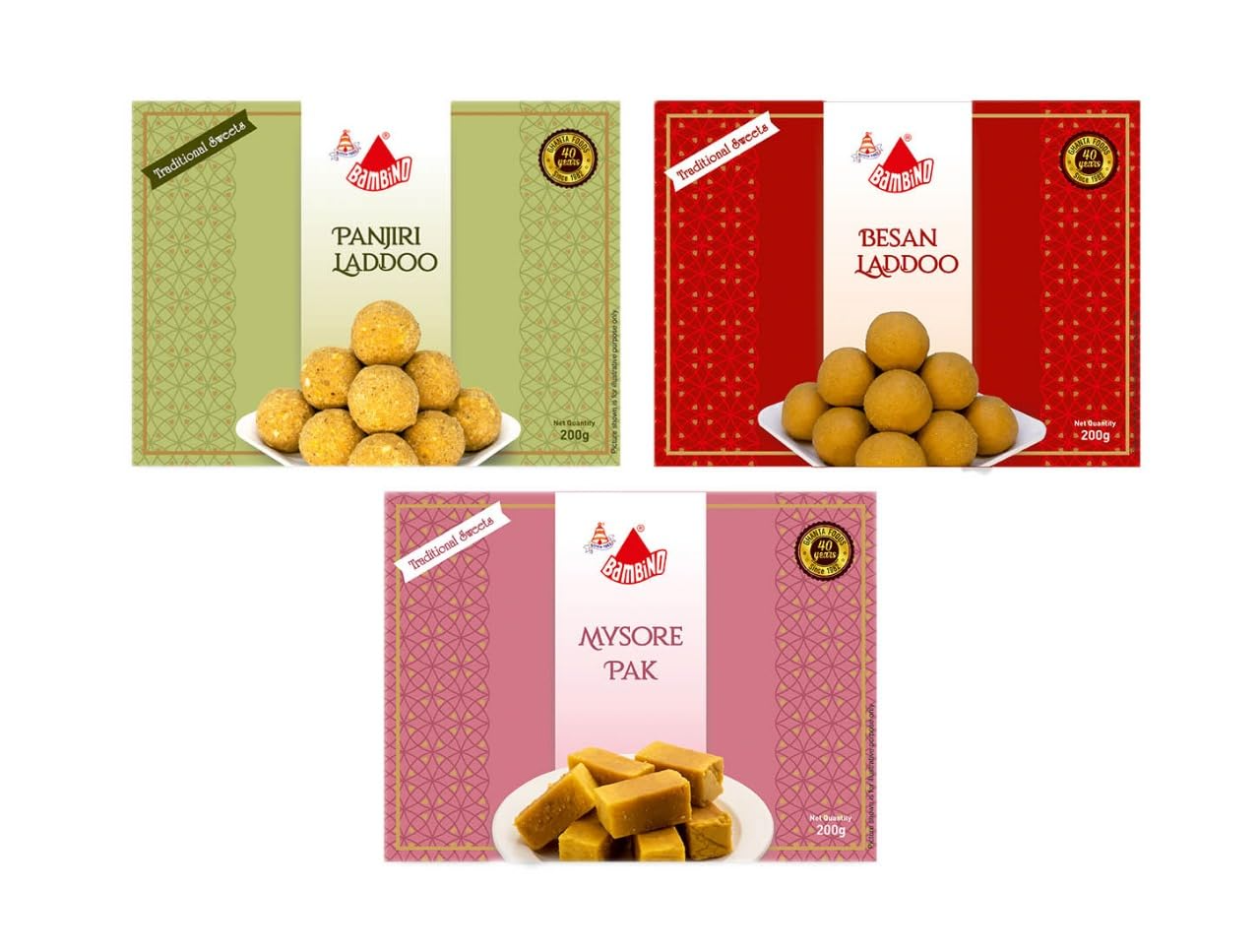 Bambino Assorted Combo Pack Besan Ladoo I Panjiri Ladoo I Mysorepak Each 200 Gms - Pack of 3