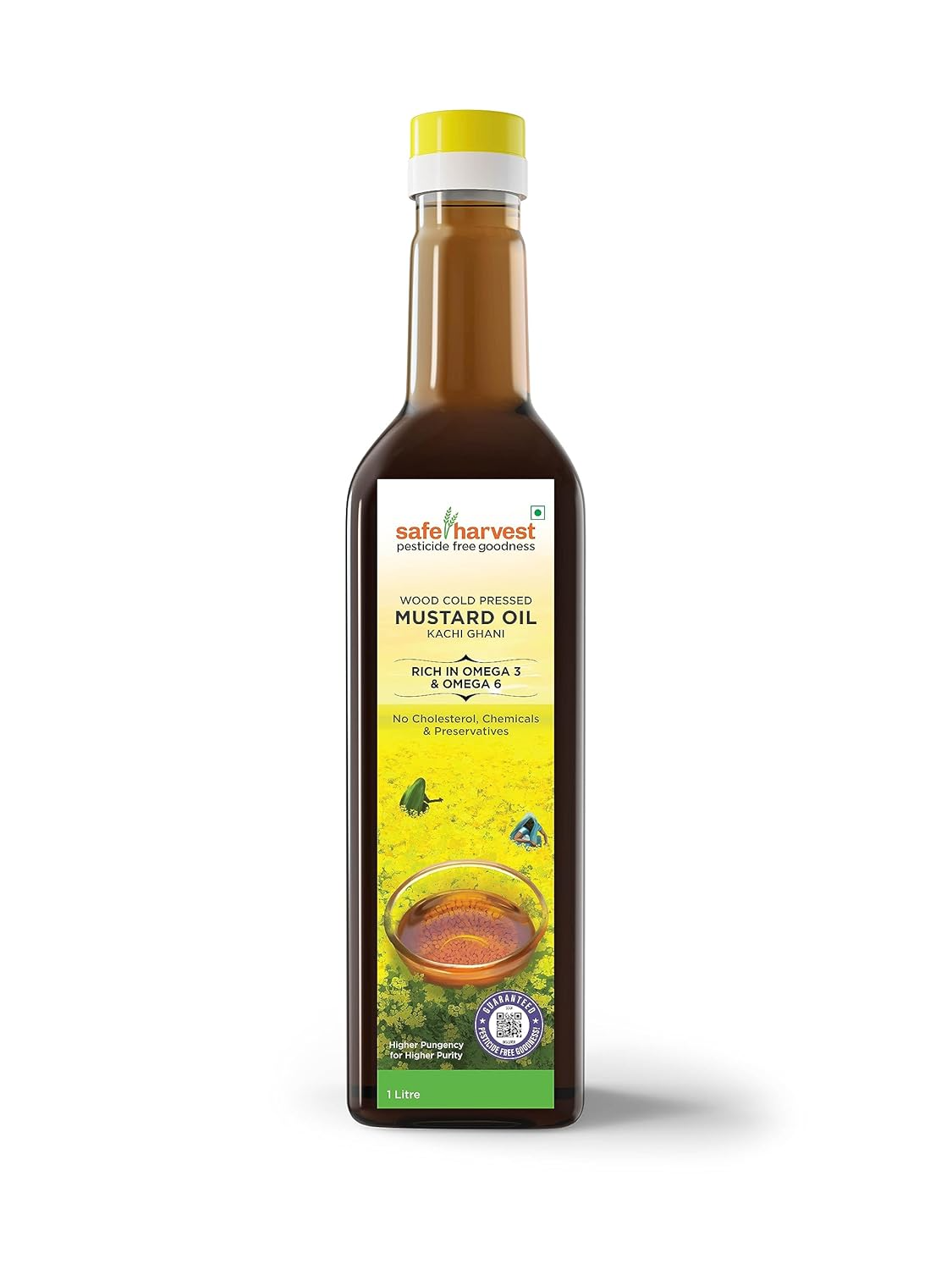 Safe Harvest Pesticide Free Wood Cold Pressed Mustard Oil/Kolhu, 1 Litre High Pungency, Rich in Omega 3 and 6
