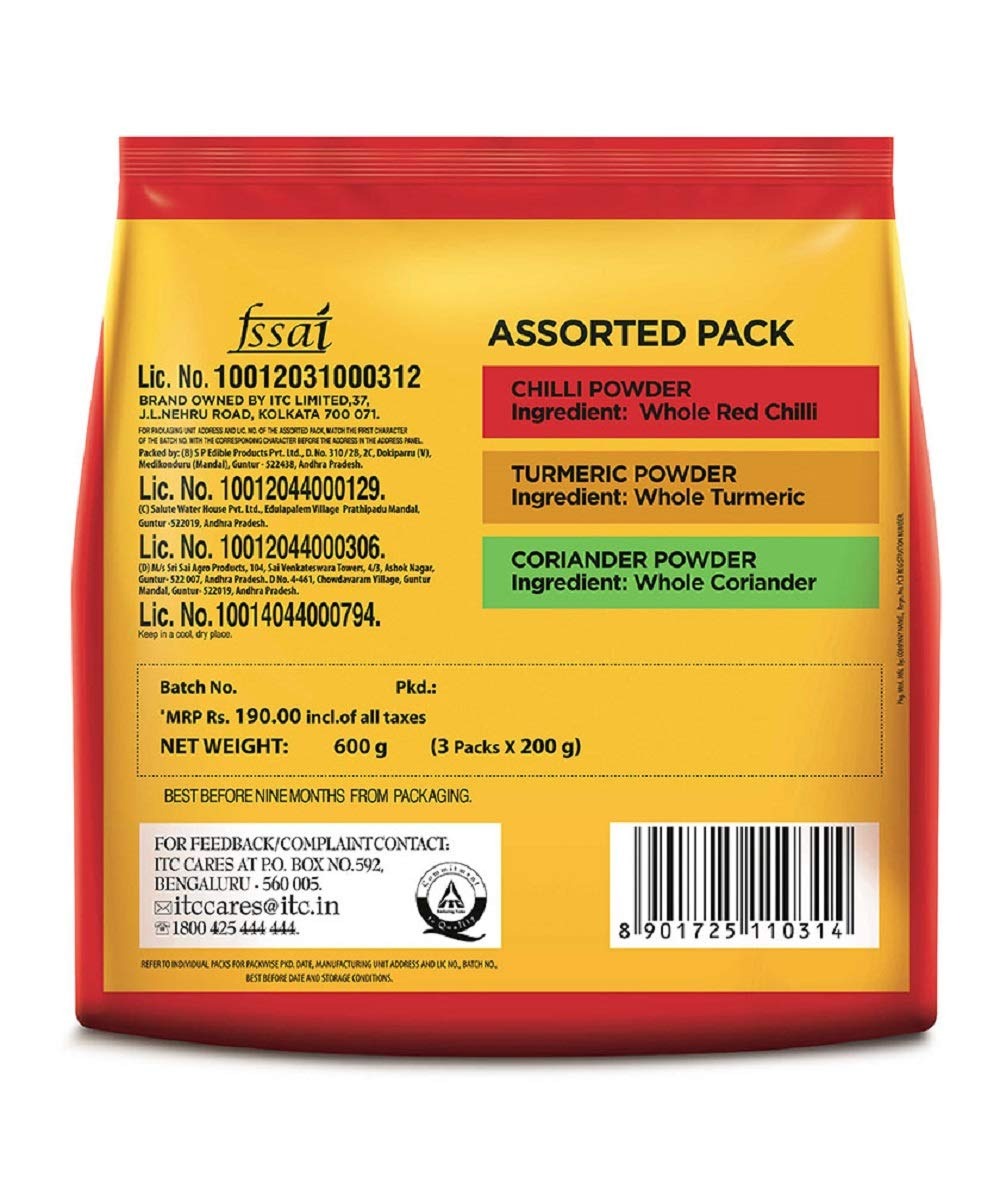 Aashirvaad Spices Combo Pack (Chilli Powder 200g ,Turmeric Powder 200g ,Coriander 200g)