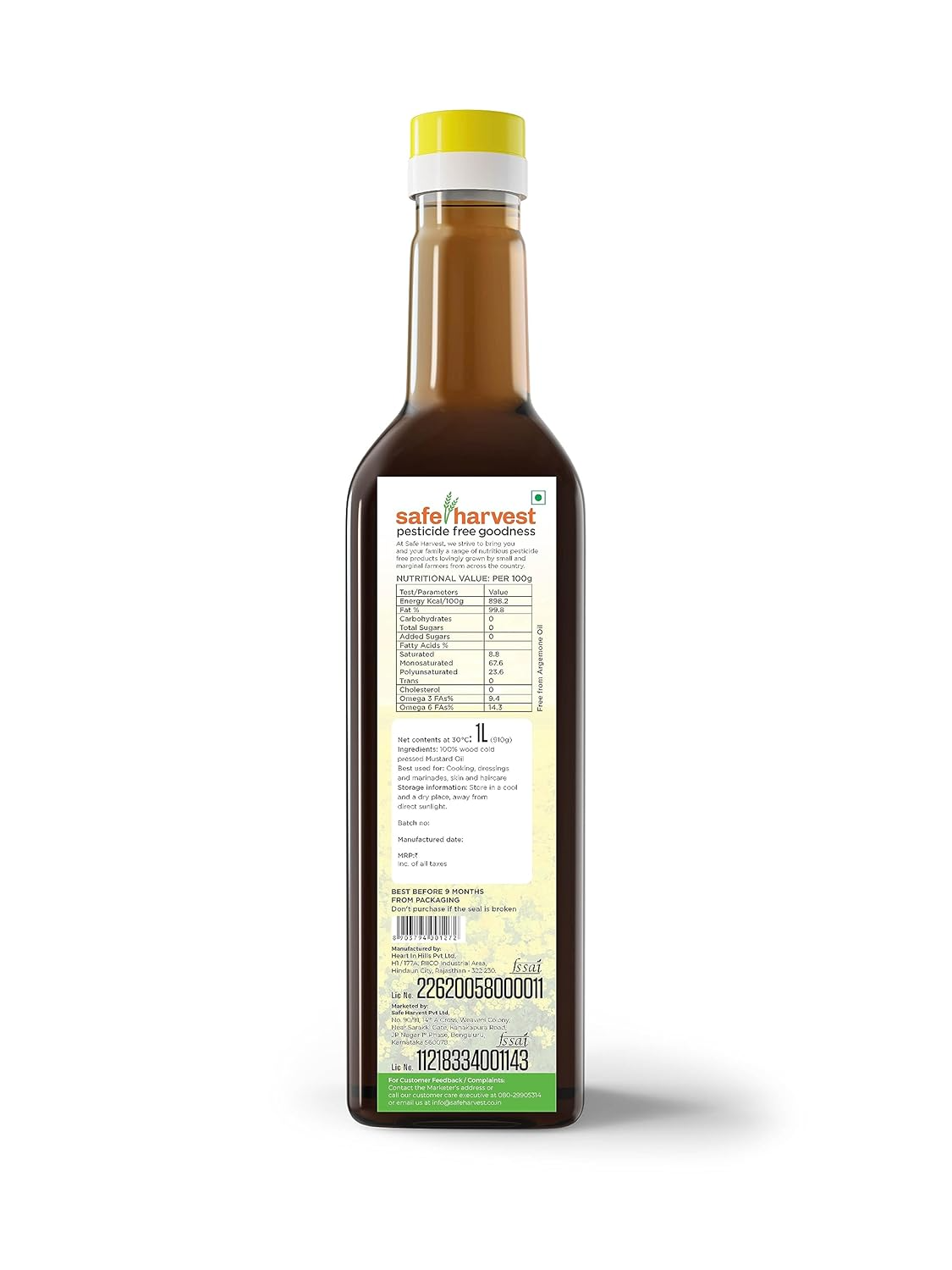 Safe Harvest Pesticide Free Wood Cold Pressed Mustard Oil/Kolhu, 1 Litre High Pungency, Rich in Omega 3 and 6