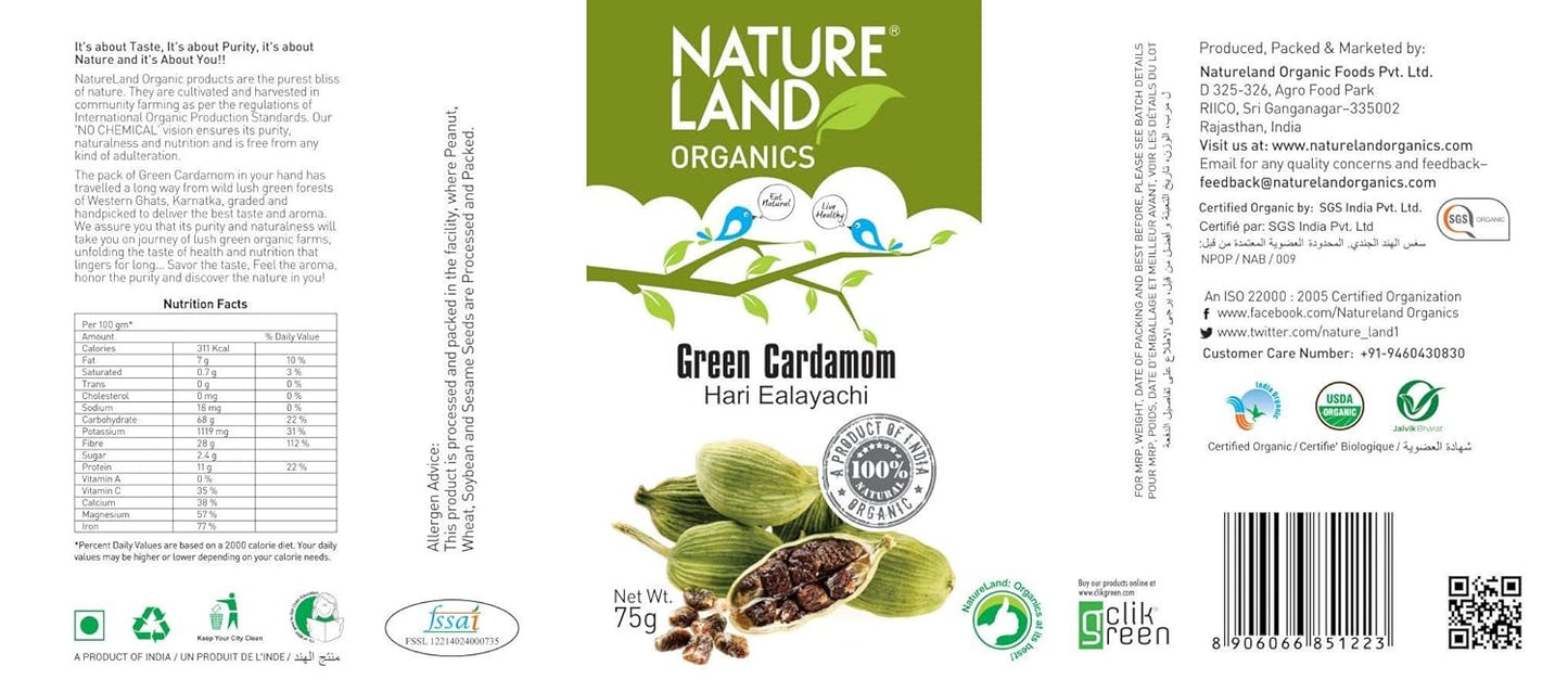 Natureland Organics Green Cardamom 75 Gm - Organic Hari Elaichi