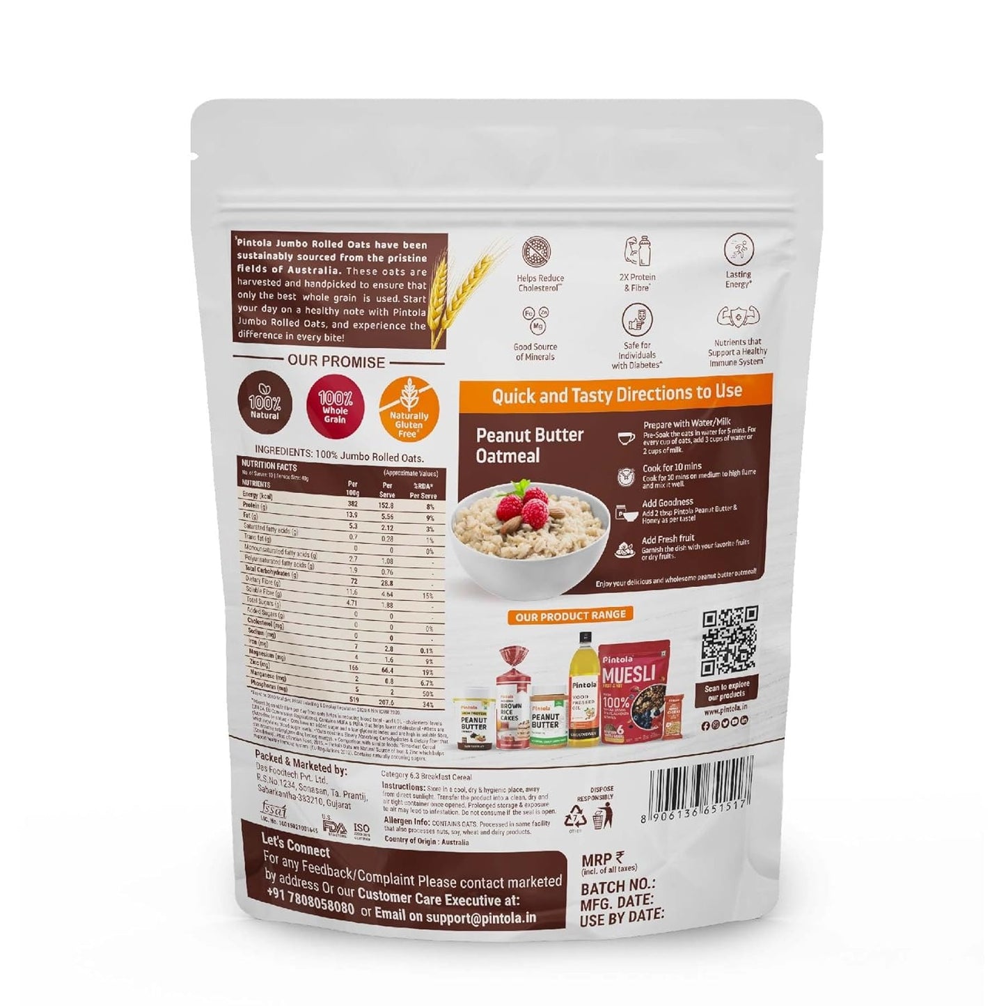Pintola Oats 400g, 100% JUMBO Rolled Oats, Wholegrain, Gluten Free, High Fibre & Protein|Healthy Breakfast Oatmeal, Cereals