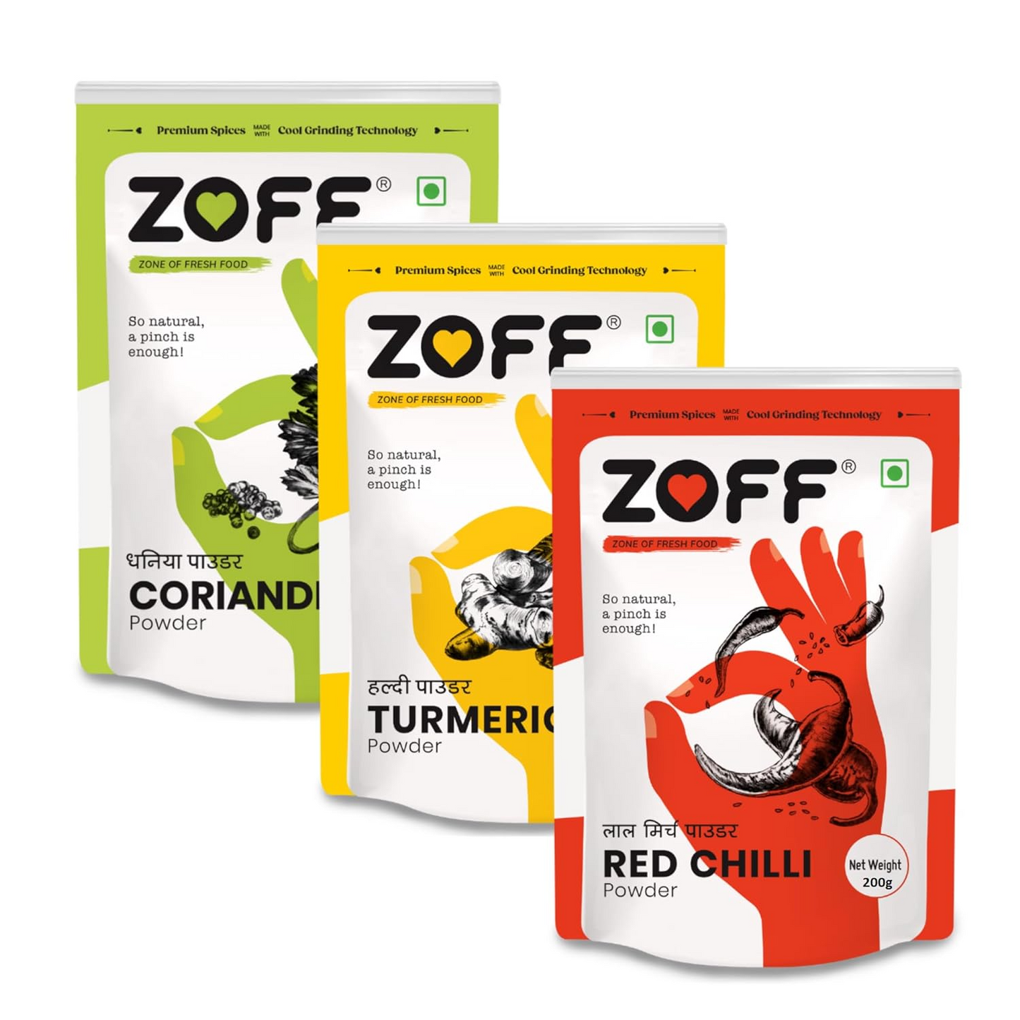 Zoff Red Chilli Powder, Turmeric Powder | Coriander Powder | Pack of 3 | Each 200g | Premium Zip Lock Pouch | 600g