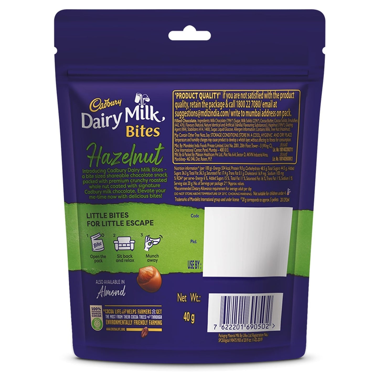Cadbury Dairy Milk Bites - Hazelnut, Roasted & Chocolate Coated, Rich & Luscious Dessert, 40 g ( Pack of 6 )