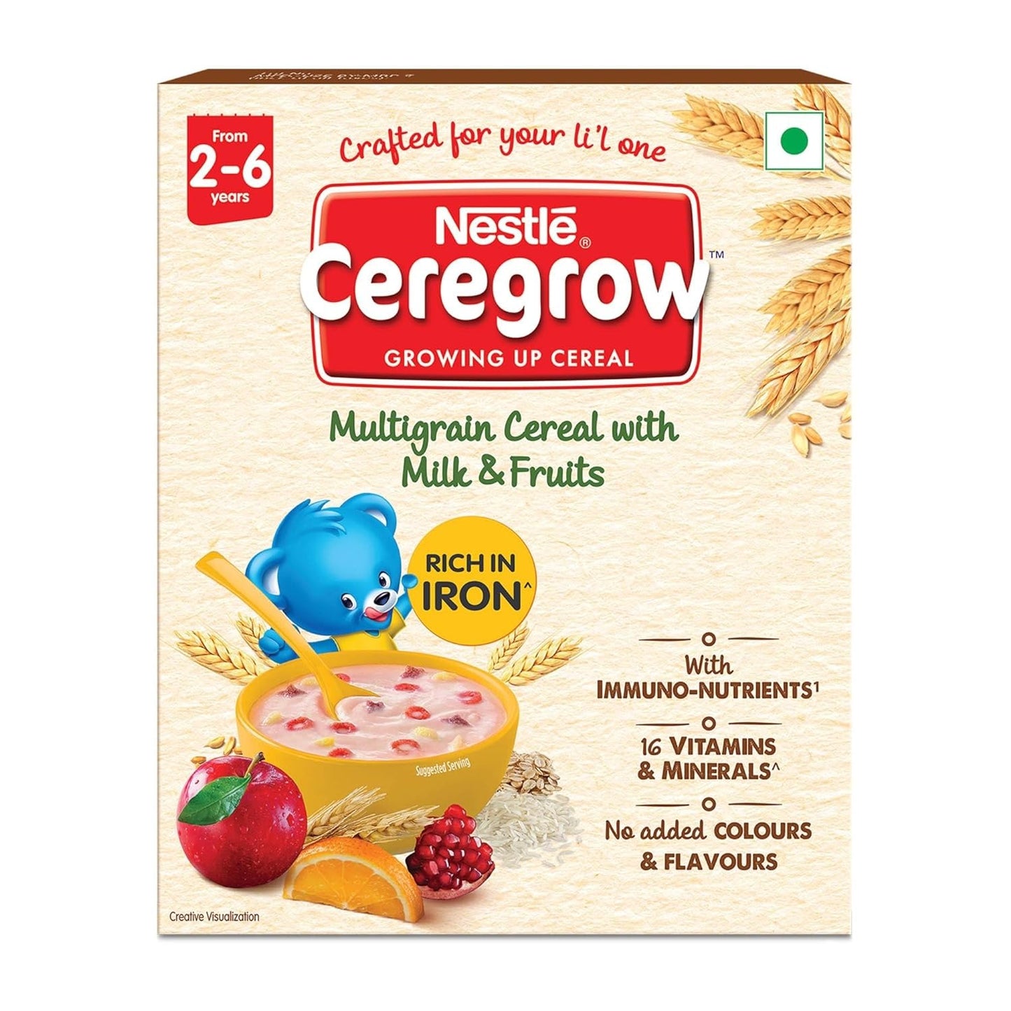 NESTLÉ CEREGROW Kids Cereal-Multigrain,Milk &Fruits|Rich in Iron, Calcium & Protein|Nutrient-Rich Tasty Breakfast |300g Carton