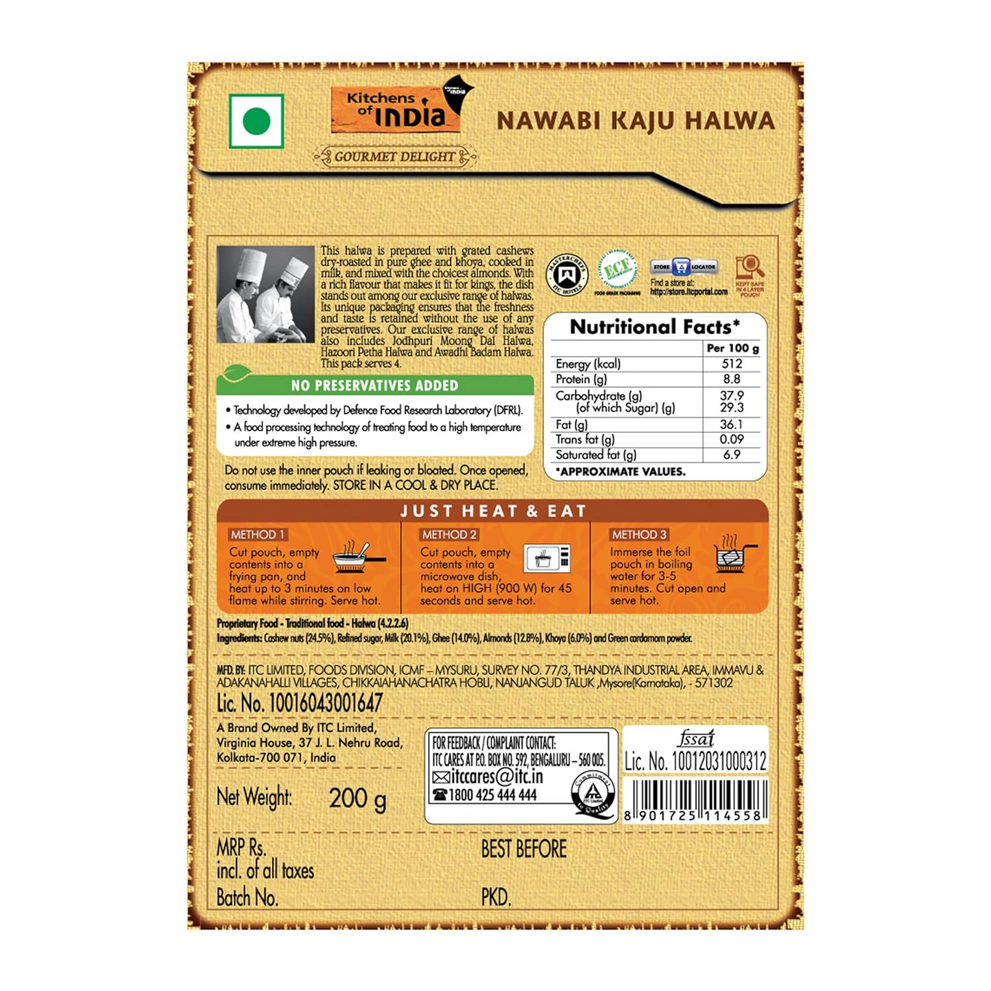 Kitchens of India Nawabi Kaju Halwa, ITC Ready to Eat Indian Sweet Dish, Just Heat and Eat, 200g