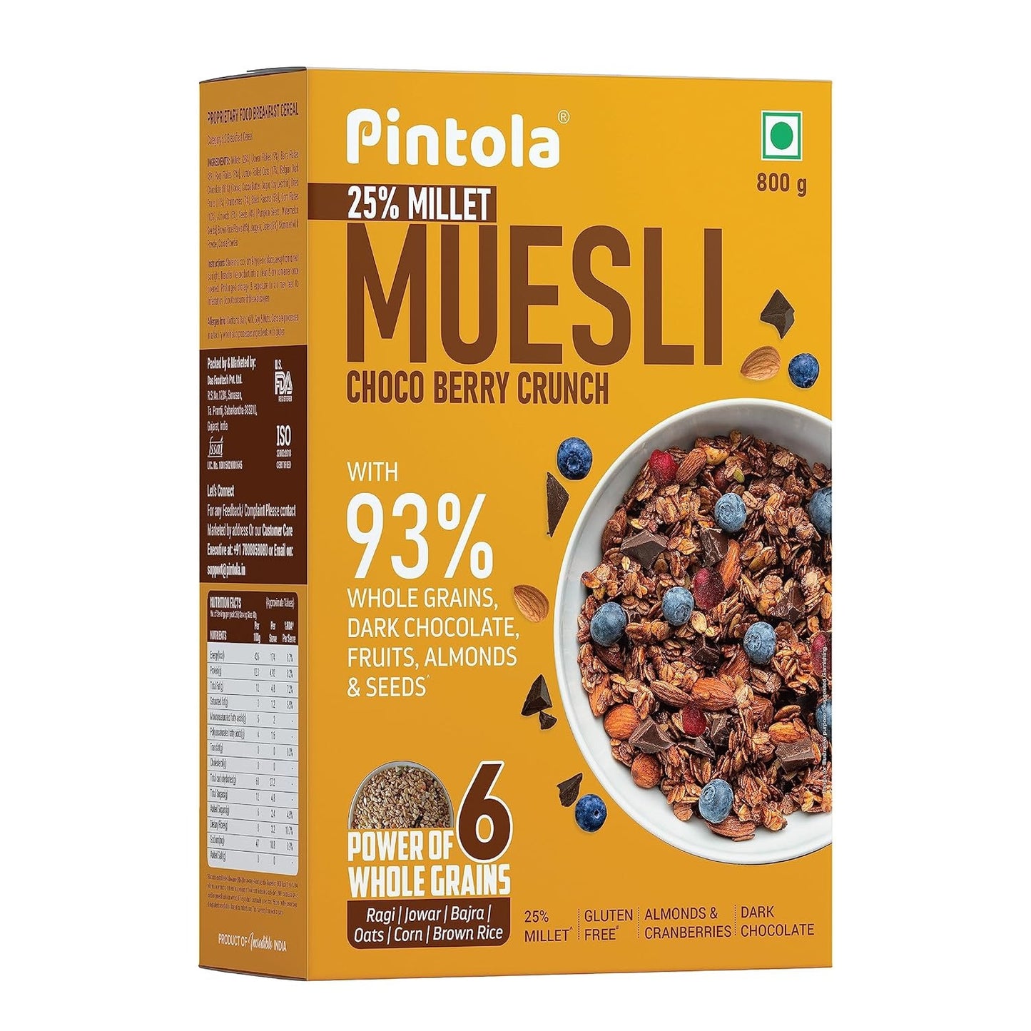 Pintola Dark Chocolate & Cranberry Muesli with 25% Millet & 60% Wholegrains 400g, Cereals for Breakfast with 6 Varied Nuts & Seeds|