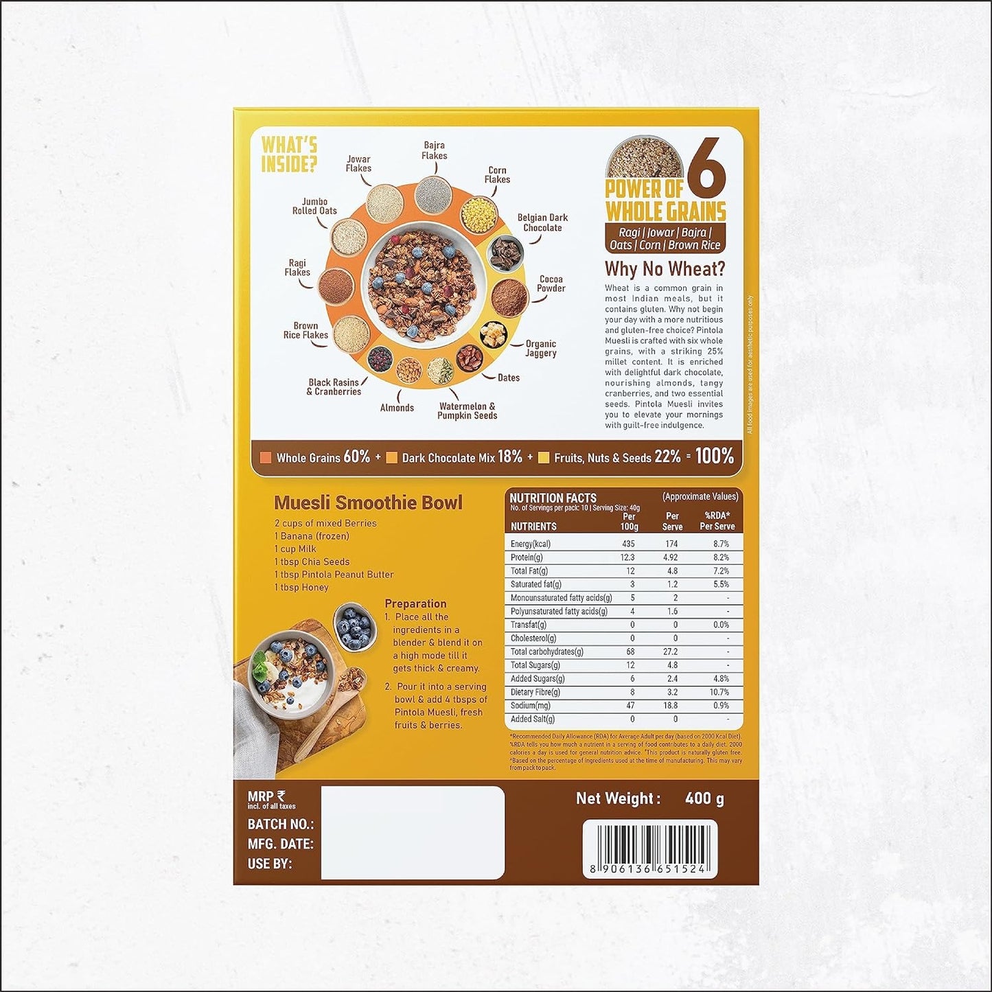 Pintola Dark Chocolate & Cranberry Muesli with 25% Millet & 60% Wholegrains 400g, Cereals for Breakfast with 6 Varied Nuts & Seeds|