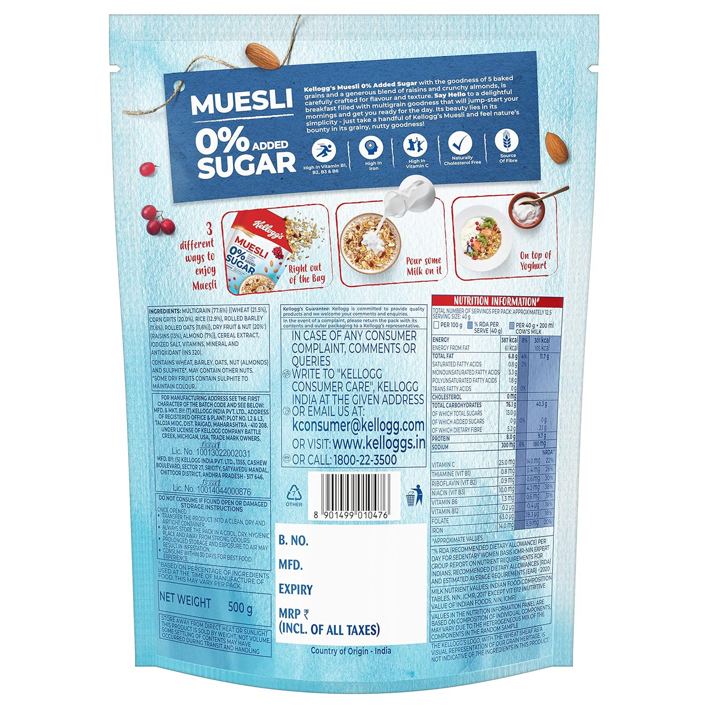 Kellogg's Muesli 0% Added Sugar 500g High in Vitamins B1, B2, B3, B6, Folate, Source of Protein and Fibre | Breakfast Cereal