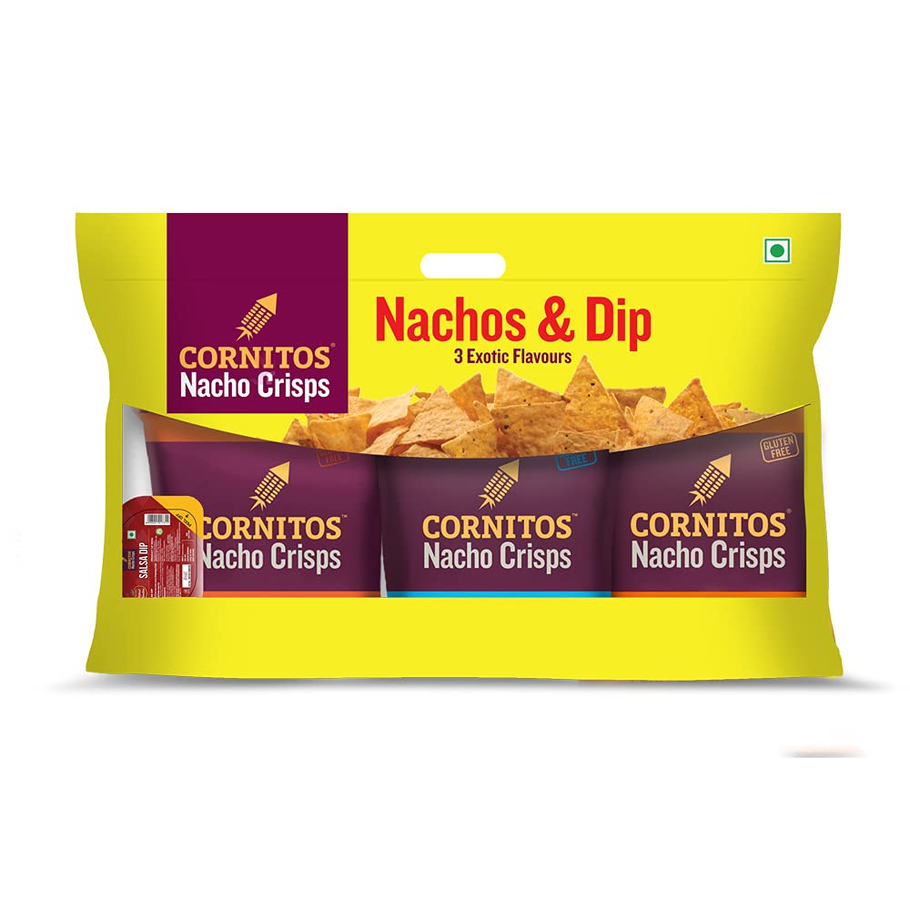 Cornitos Nachos with Salsa Combo, 215g, Enjoy 3 flavours of nachos: Sizzlin Jalapeno, Tikka Masala, and Cheese