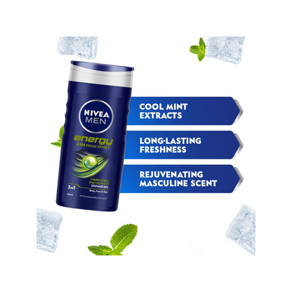 Nivea Men Body Wash, Energy With Mint Extracts, Shower Gel For Body, Face & Hair, 250ml