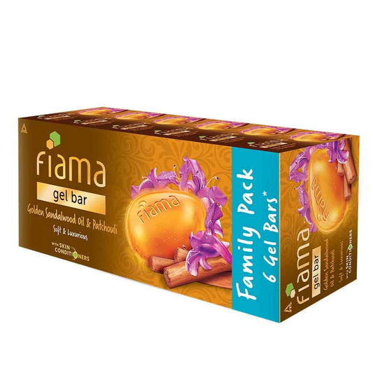 Fiama Gel Bathing Bar Golden Sandalwood Oil and Patchouli with Skin Conditioners for Moisturised, Soft and Luxurious Skin, 750g (125g - Pack of 6)