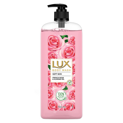 Lux Body Wash Soft Skin French Rose & Almond Oil Super Saver XL Pump Bottle with Long Lasting Fragrance, Glycerine, Paraben Free, Extra Foam, 750 ml