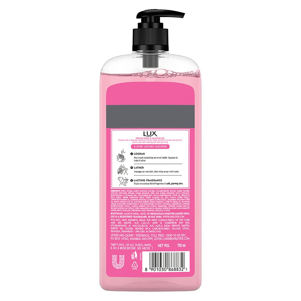 Lux Body Wash Soft Skin French Rose & Almond Oil Super Saver XL Pump Bottle with Long Lasting Fragrance, Glycerine, Paraben Free, Extra Foam, 750 ml