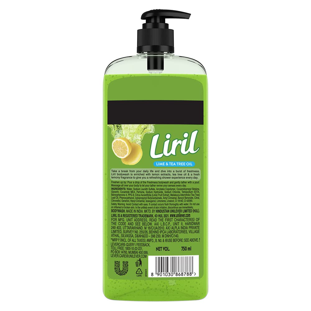 Liril Lemon and Tea Tree Oil Body Wash SuperSaver XL Pump Bottle with Long Lasting Fragrance, Glycerine, Paraben Free, Extra Foam, 750 ml