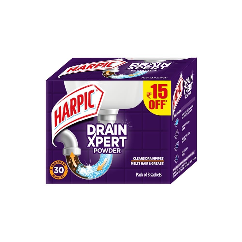 Harpic (50g x 8), Drain Xpert Drain Cleaner Powder | Effective Sink Cleaner, Drain Blockage Remover, Drain Pipe Cleaner