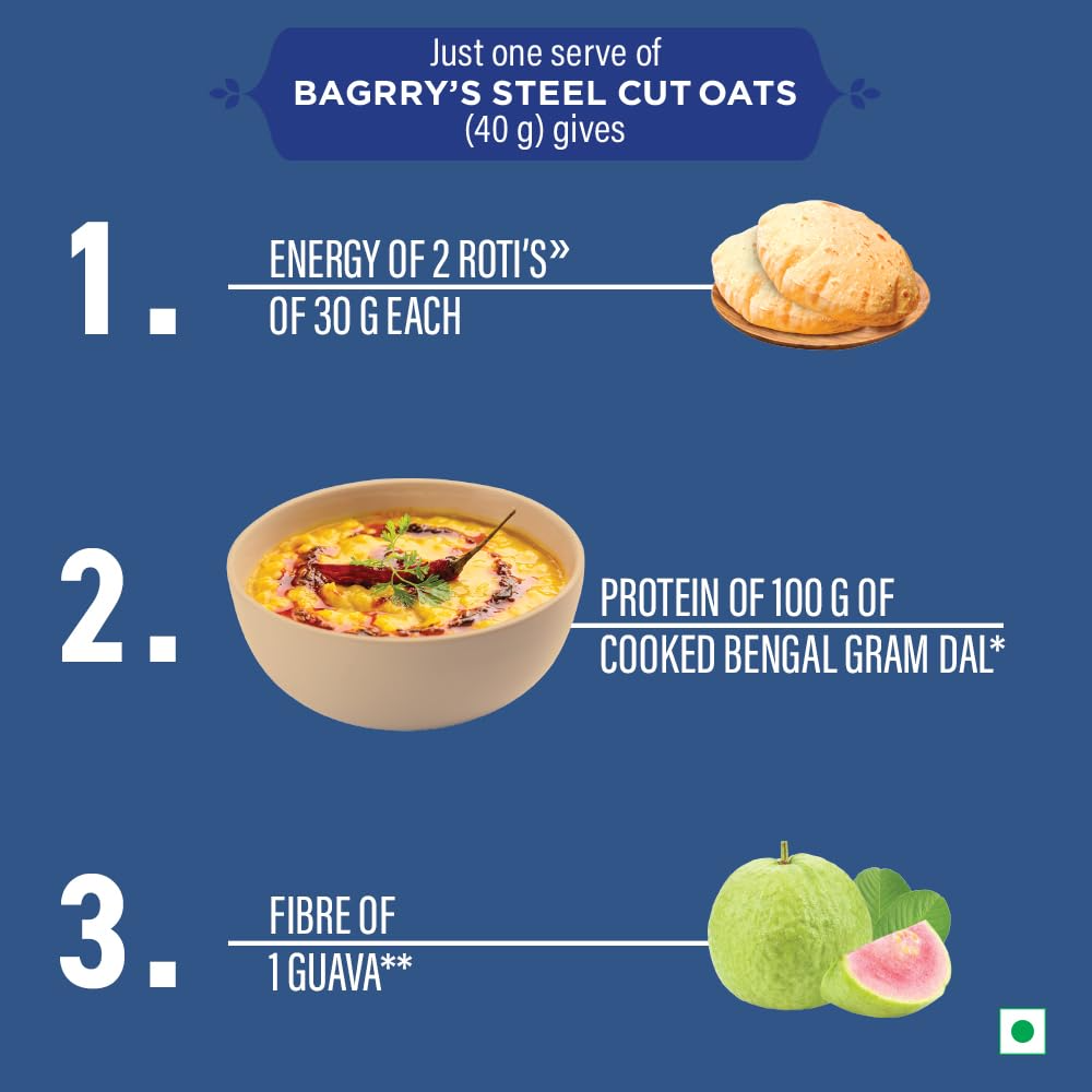 Bagrry's Steel Cut Oats 1.5kg Pouch | High in Dietary Fibre & Protein |Helps in Weight Management & Reducing Cholestrol