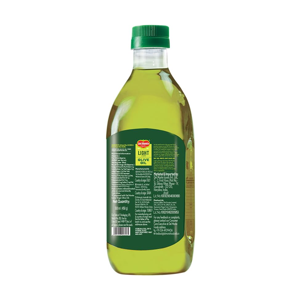 Del Monte Light Olive Oil, 500ml | Light in Taste & Aroma | Ideal for Everyday Indian Cooking & Deep Frying | Imported Oil