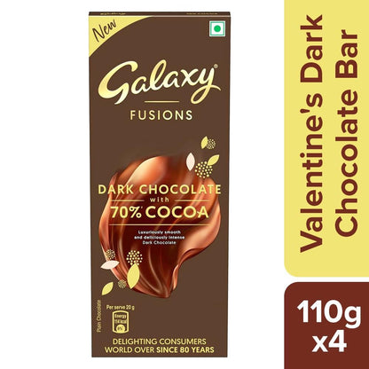 Galaxy Fusions Dark Chocolate Valentine's Gift Bar | With 70% Cocoa | Dark Chocolate Bar | Luxuriously Smooth & Deliciously Intense | 110g | Pack of 4