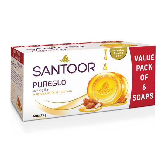 Santoor PureGlo Glycerine Bathing Bar Soap with Almond Oil for Nourished & Glowing Skin|  125g - Pack of 6Gentle & Rich Lathering Formula|