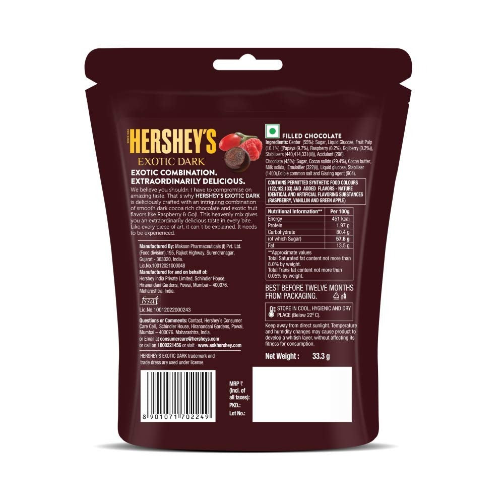 HERSHEY'S Exotic Dark Raspberry &Goji Flavor | Dark Cocoa Rich Chocolates 33.3g