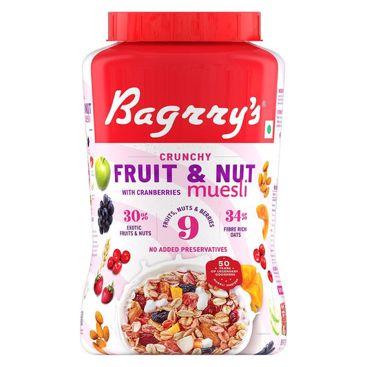 Bagrry's Crunchy Muesli With 30% Fruit & Nut Cranberries 1kg Jar|34% Fibre Rich Oats|No Sugar Infused Fruits|Real Fruits|Breakfast Cereal|