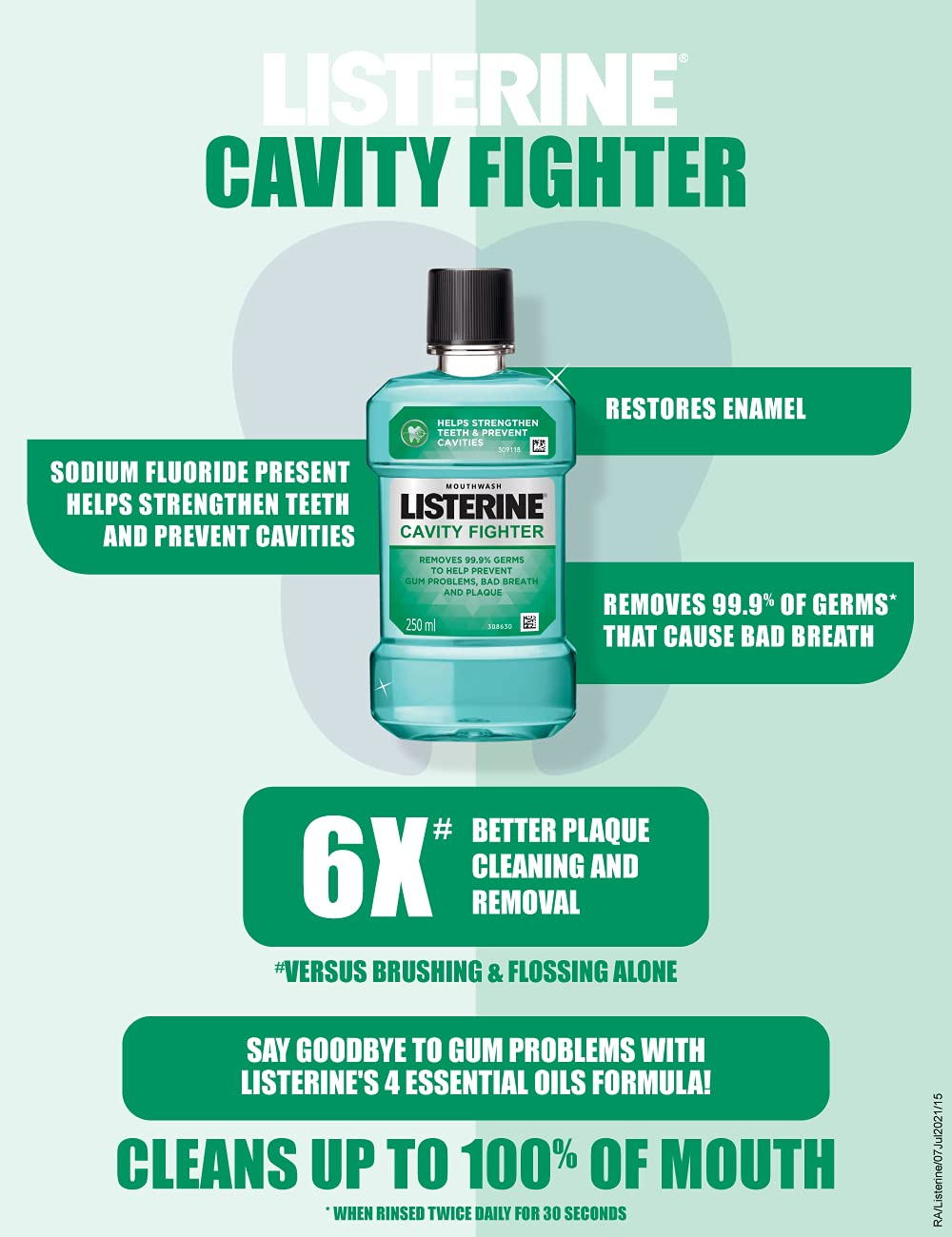 Listerine Cavity Fighter Mouthwash Liquid, Removes 99.9% Germs, prevents cavities, 500ml