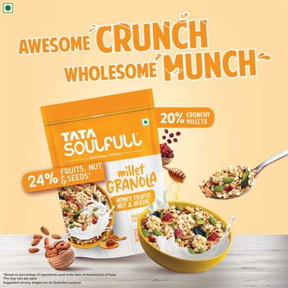 Tata Soulfull Millet Granola, Honey, Fruits, Nuts & Seeds, 400g, 20% Crunchy Millets, 24% Fruits, Nut & Seeds, Breakfast Cereal