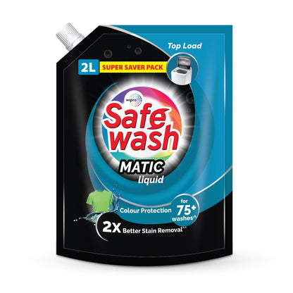 Safewash Top Load Matic Premium Liquid Detergent with Colour-Protect Technology| 2X Stain Removal | For All Types of Fabrics| 2L Refill Pouch