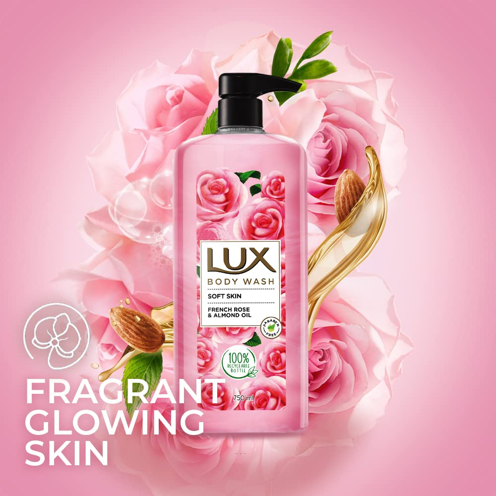 Lux Body Wash Soft Skin French Rose & Almond Oil Super Saver XL Pump Bottle with Long Lasting Fragrance, Glycerine, Paraben Free, Extra Foam, 750 ml