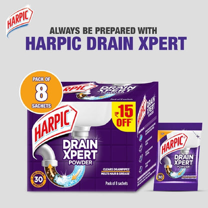 Harpic (50g x 8), Drain Xpert Drain Cleaner Powder | Effective Sink Cleaner, Drain Blockage Remover, Drain Pipe Cleaner