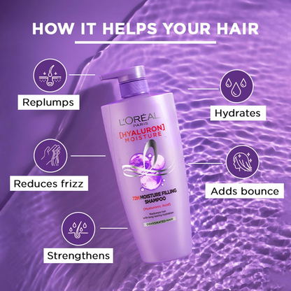 L'Oreal Paris Moisture Filling Shampoo, With Hyaluronic Acid, For Dry & Dehydrated Hair, Adds Shine & Bounce, Hyaluron Moisture 72H, 1L