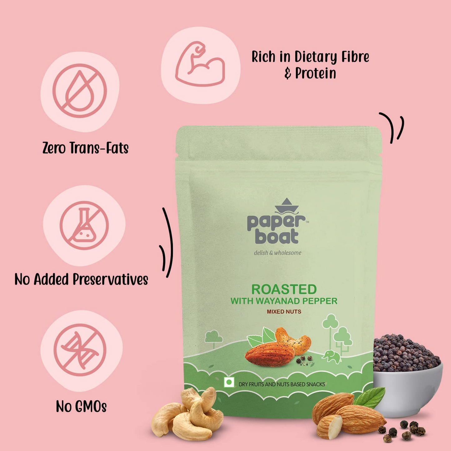 Paper Boat Roasted Mixed Nuts with Wayanad Pepper, Premium Dry Fruit Mix | Almonds & Cashews, Pouch (200g)