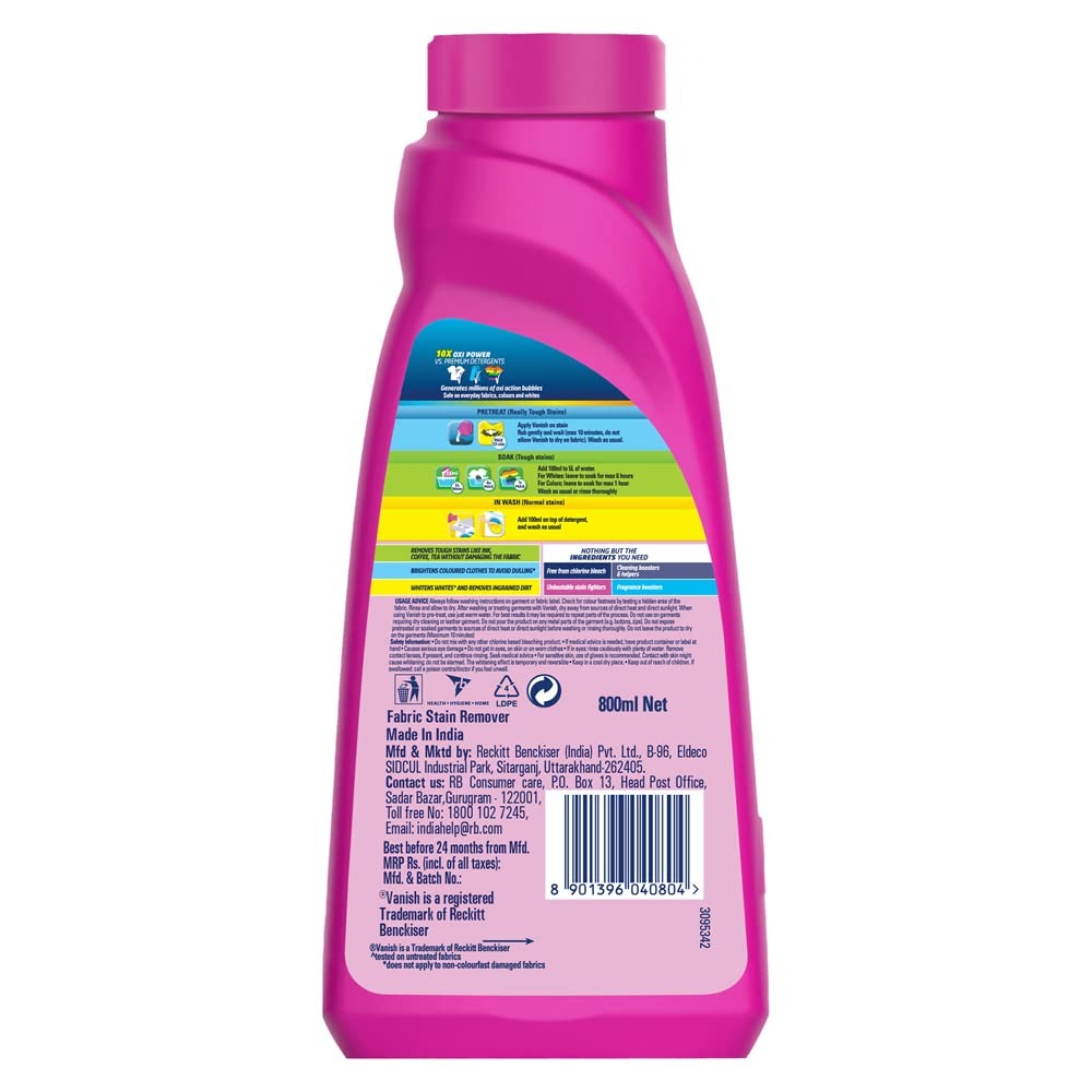 Vanish 800 Ml, All In One Stain Remover | Removes Tough Stains & Brightens Colours