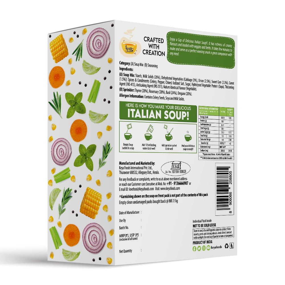 Keya Fresh and Delicious Italian Soup | Cream & Herbs | Instant Mix | Savoury & Herby | No Added Preservatives | No Chemical | Serves 4| 44g