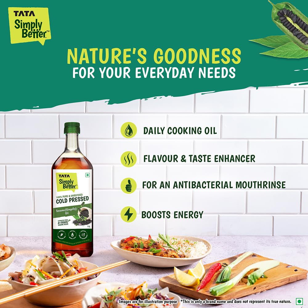 Tata Simply Better Pure and Unrefined Cold Pressed Sesame (Gingelly) Oil, Kolhu/Kacchi Ghani/Mara Chekku/Ganuga, Naturally Cholesterol Free, 1L