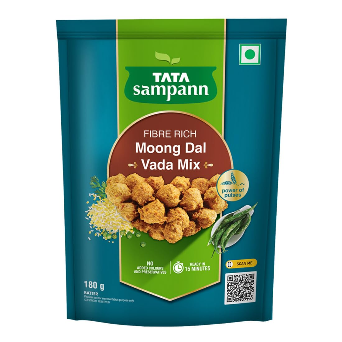 Tata Sampann Fibre Rich Moong Dal Pakoda/Vada Mix, Ready to Cook Mix, Ready in 15 Minutes, Power of Pulse, Instant Vada Batter, 180g