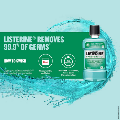 Listerine Cavity Fighter Mouthwash Liquid, Removes 99.9% Germs, prevents cavities, 500ml