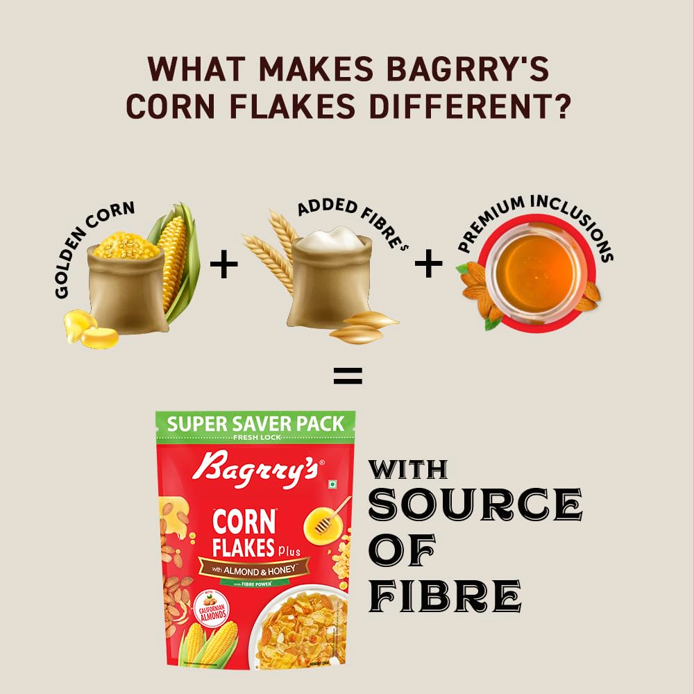 Bagrrys Corn Flakes Plus, Almond & Honey, 750gm Pouch