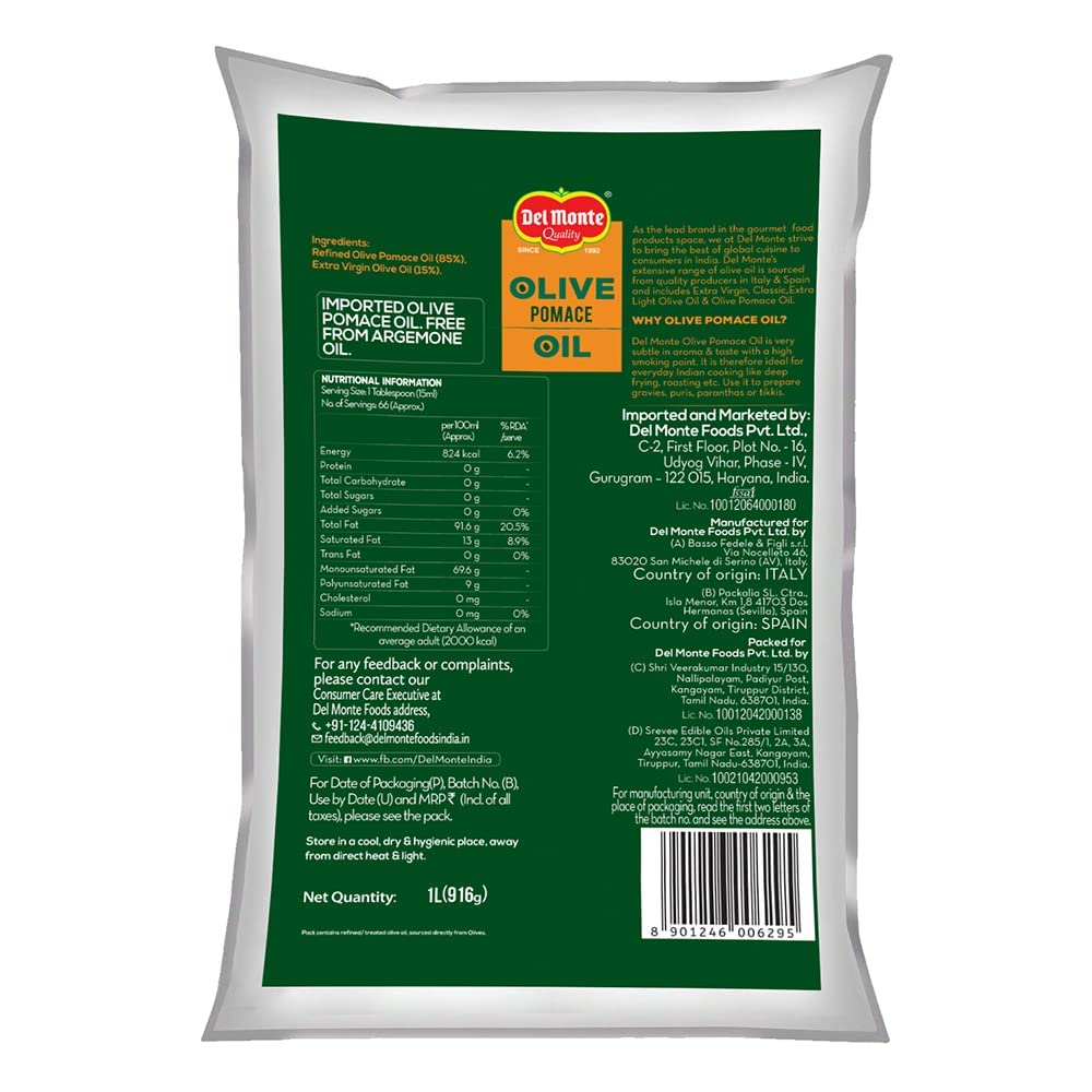 Del Monte Pomace Olive Oil, 1L Pouch