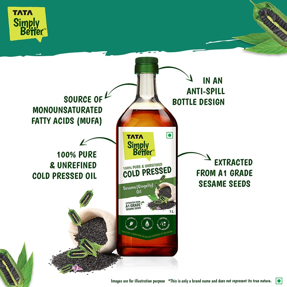 Tata Simply Better Pure and Unrefined Cold Pressed Sesame (Gingelly) Oil, Kolhu/Kacchi Ghani/Mara Chekku/Ganuga, Naturally Cholesterol Free, 1L