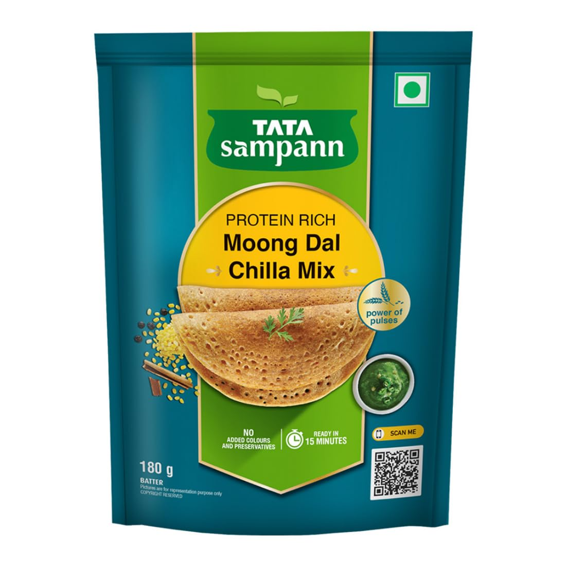 Tata Sampann Protein Rich Moong Dal Chilla Mix, Ready to Cook Breakfast Mix, Dal power, Instant Moong Dal Chilla Batter, 180g