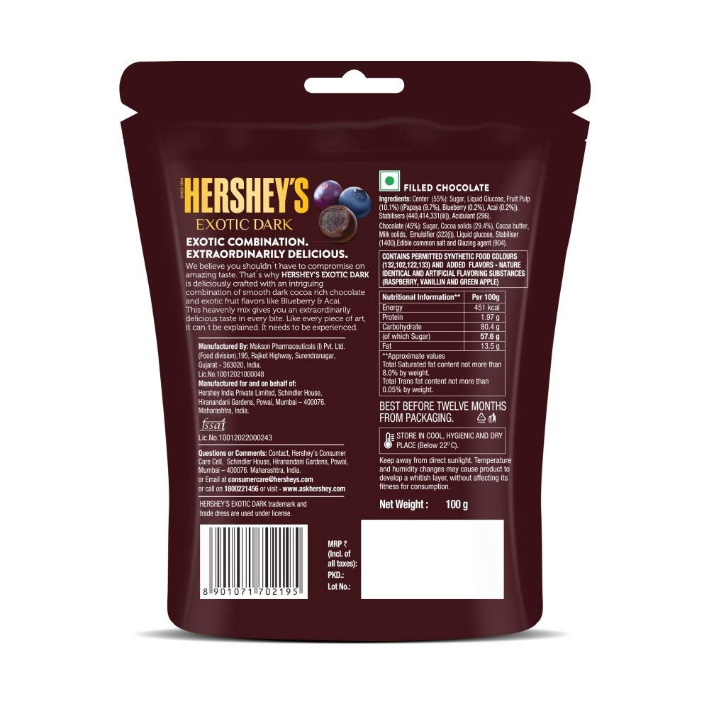 HERSHEY'S Exotic Dark Blueberry & Acai Flavor | Dark Cocoa Rich Chocolates 100g