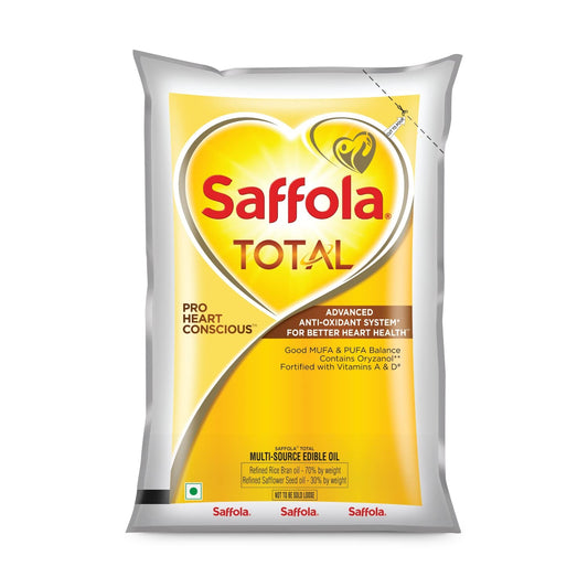 Saffola Total Refined Oil|Blend of Rice Bran Oil & Safflower oil|Cooking oil|Cholesterol Lowering Oil|Edible Oil 1L Pouch