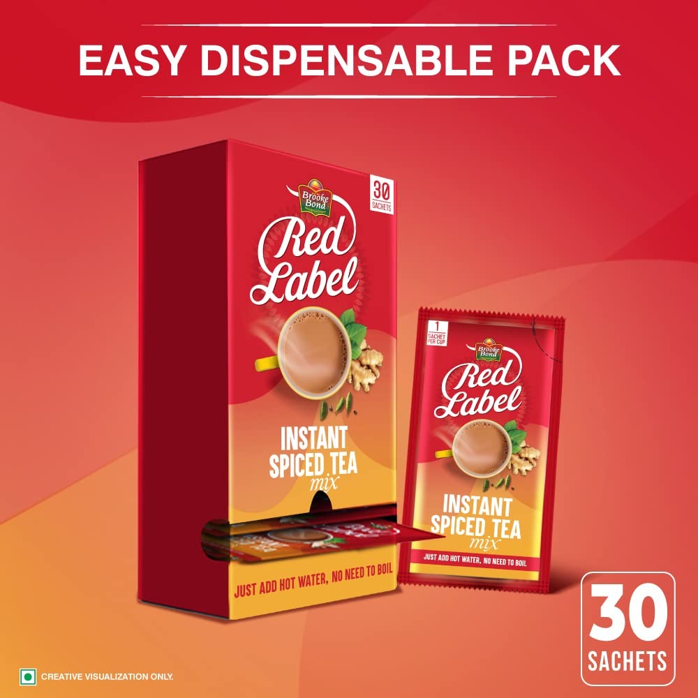 Red Label Instant Spiced Tea|Instant Tea Premix|Premix Tea Ready In 10 Sec | 30 Single Serve Sachets,490 Grams