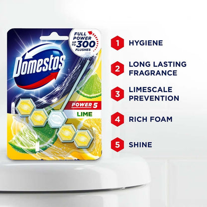 Domestos Power 5 Toilet Rim Block, Lime, Limescale Removal with Long Lasting Fragrance, Provides Hygiene & Shine, 55 gm (Pack Of 2)